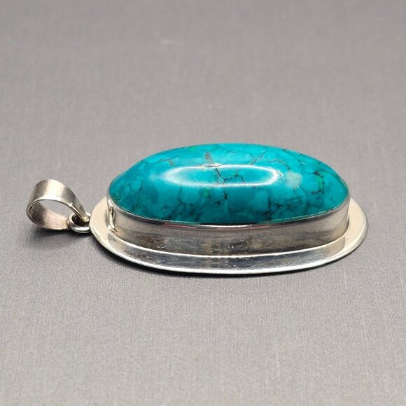 Southwestern 925 Sterling Silver Turquoise Pendant 1.75" Oval Cabochon 9.54g - Picture 3 of 8